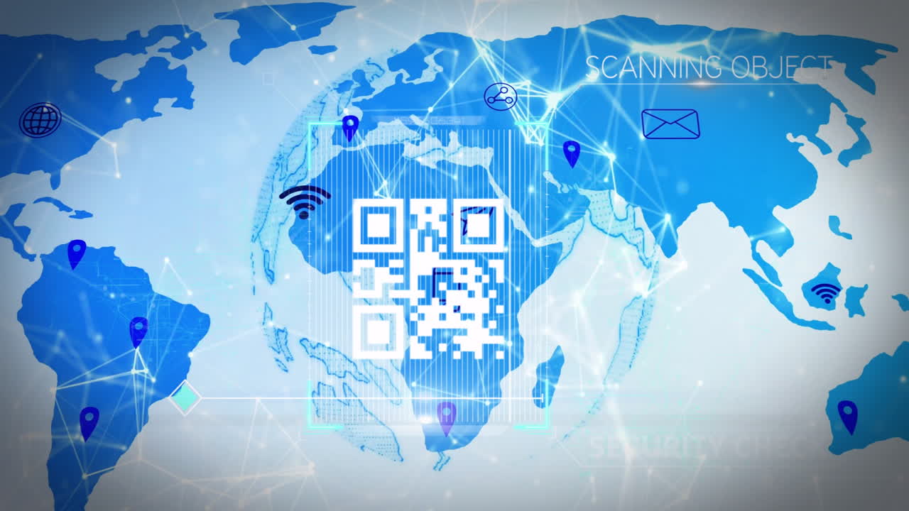 código qr y animación de comprobación de seguridad sobre el mapa del mundo con objetos de escaneo