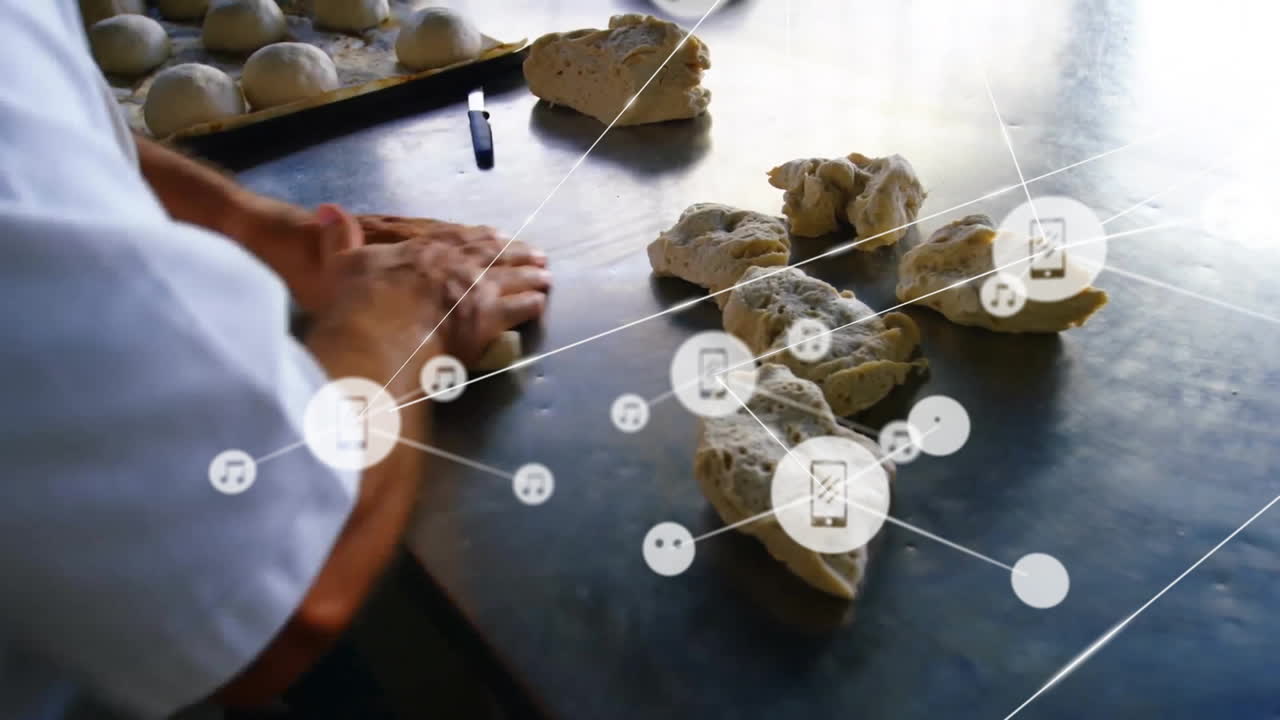 animación de la red de conexiones a través de un chef caucásico que hace pasta