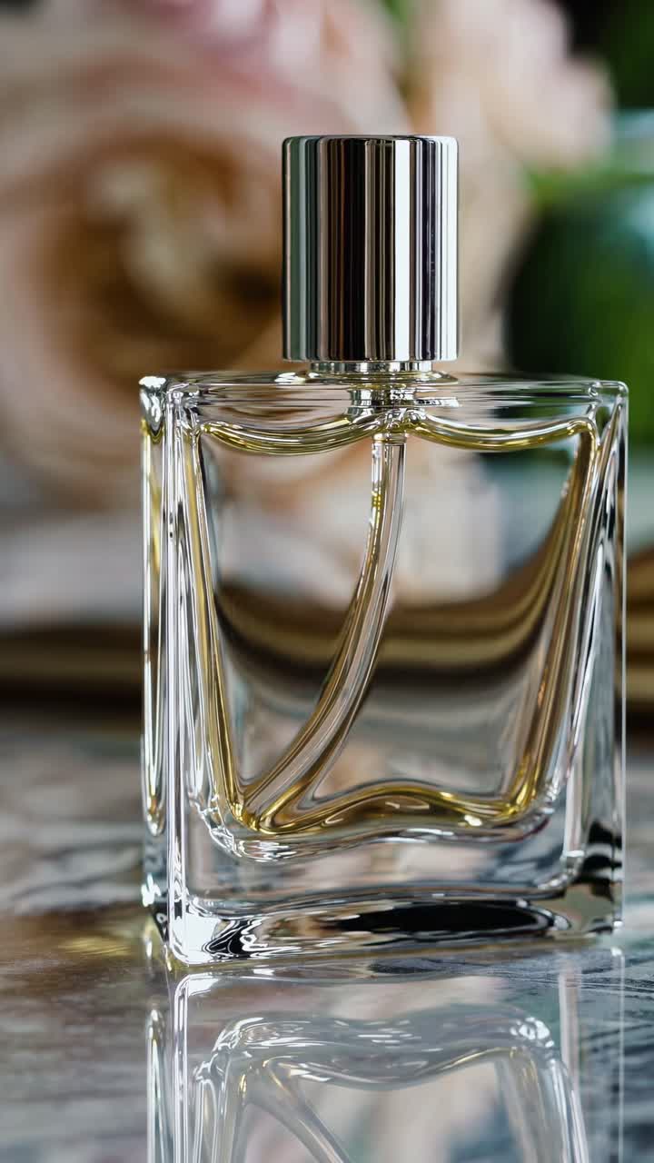Video ravvicinato di un flacone di profumo su una superficie riflettente, che mette in mostra un design elegante con uno sfondo sfocato