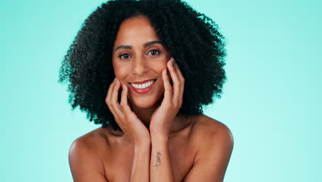 black woman, face and afro with smile in beauty