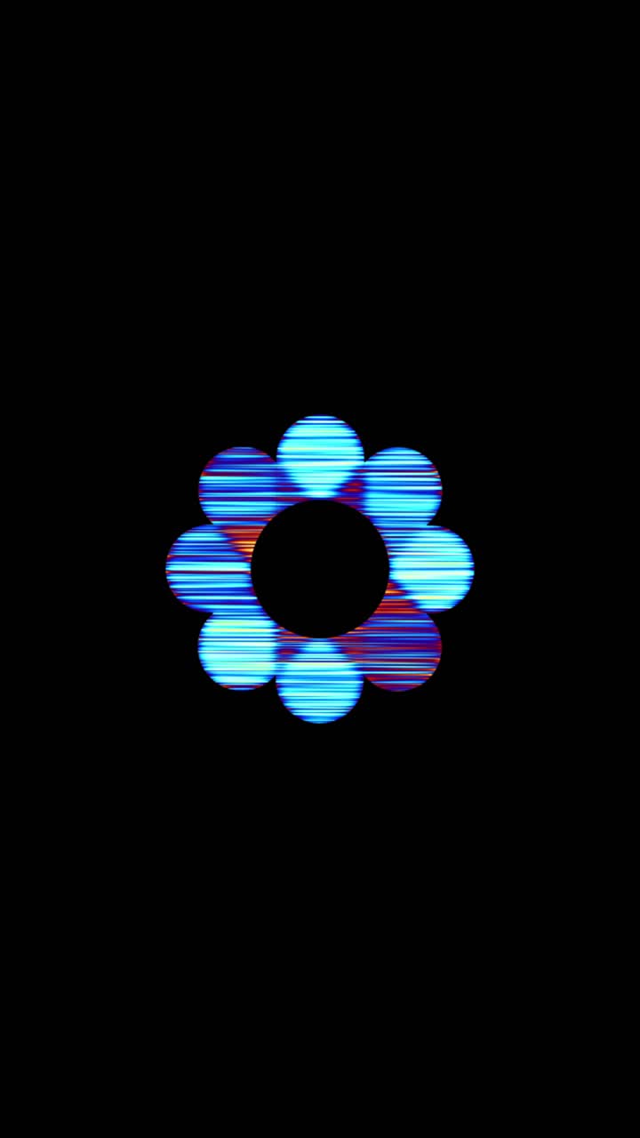 Seamless loop animation of abstract flower logo with soft focus and vibrant psychedelic colors, includes alpha channel