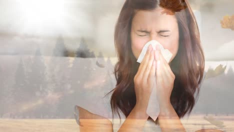 falling autumn leaves and woman sneezing while suffering from allergy 4k