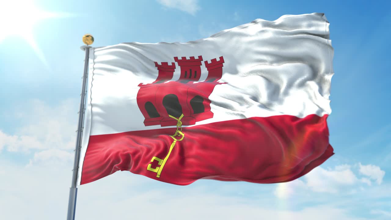 깊은 파란 하늘을 배경으로 바람에 흔들리는 지브롤터 발, 국가 테마, 국제 개념, 3d 렌더링, 시엄리스 루프, 4k