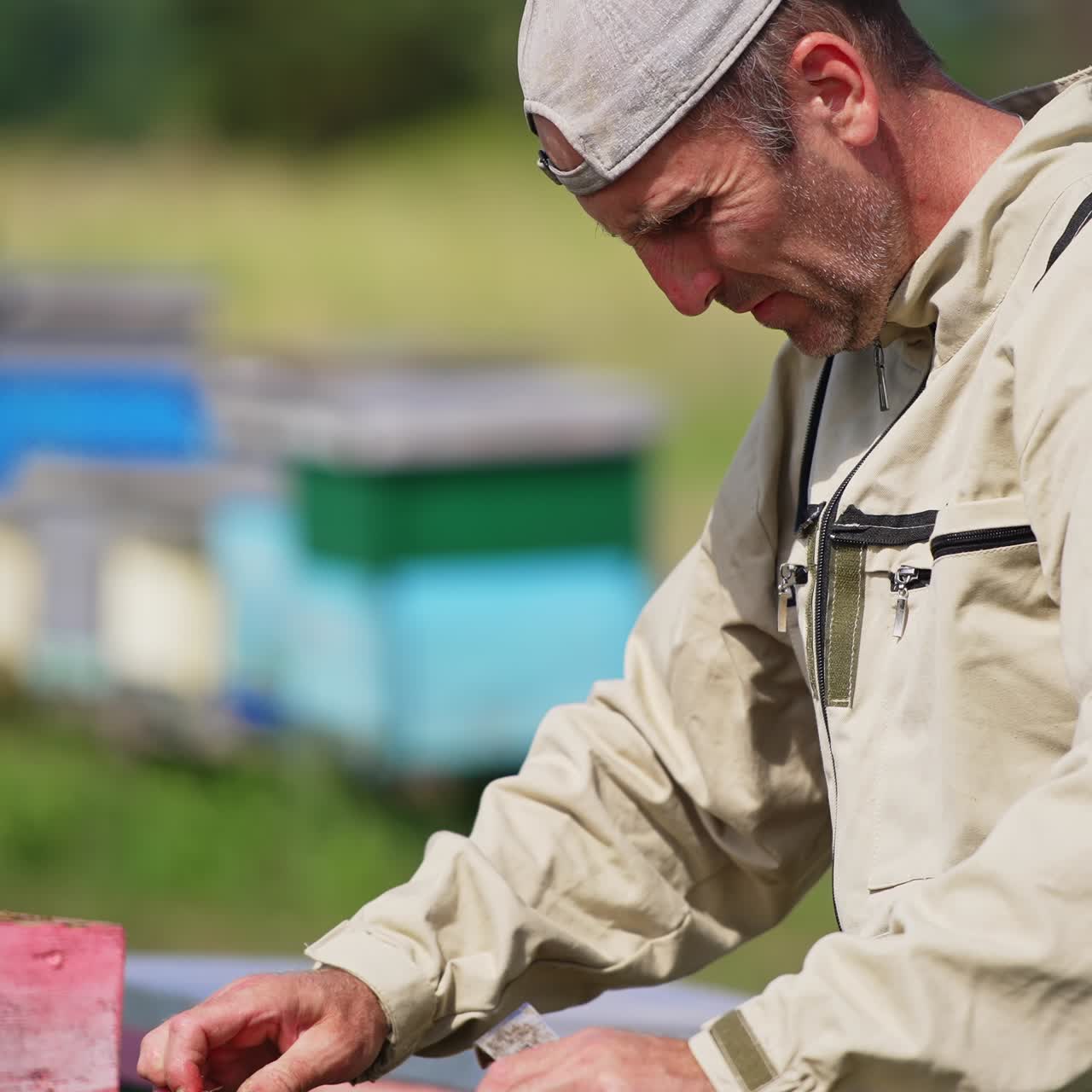 Focused apiculturist working in his bee farm. Beekeeper checking up the frame covered with worker bees. Blurred background
