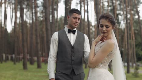 newlyweds, caucasian groom with bride walking, embracing, hugs in park, wedding couple