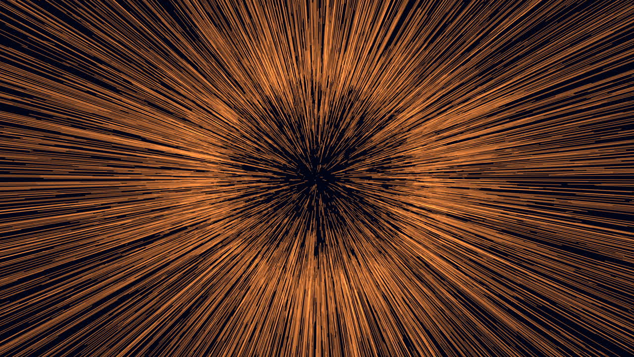 Abstract orange starburst light streaks background, fast warp speed motion footage