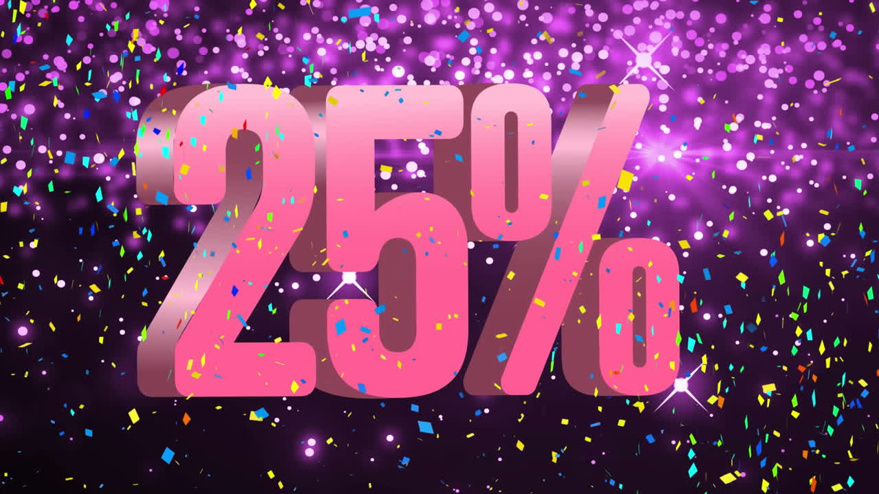 animación de confeti cayendo más del 25 por ciento con brillantes rastros de luz púrpura en el fondo