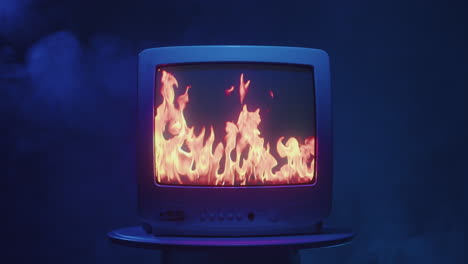 vintage tv with flames