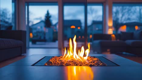 un pozo de fuego sentado en la parte superior de una mesa en una sala de estar