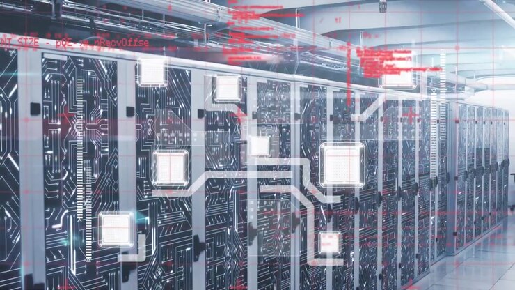 Animation of network of connections with icons and data processing over computer servers