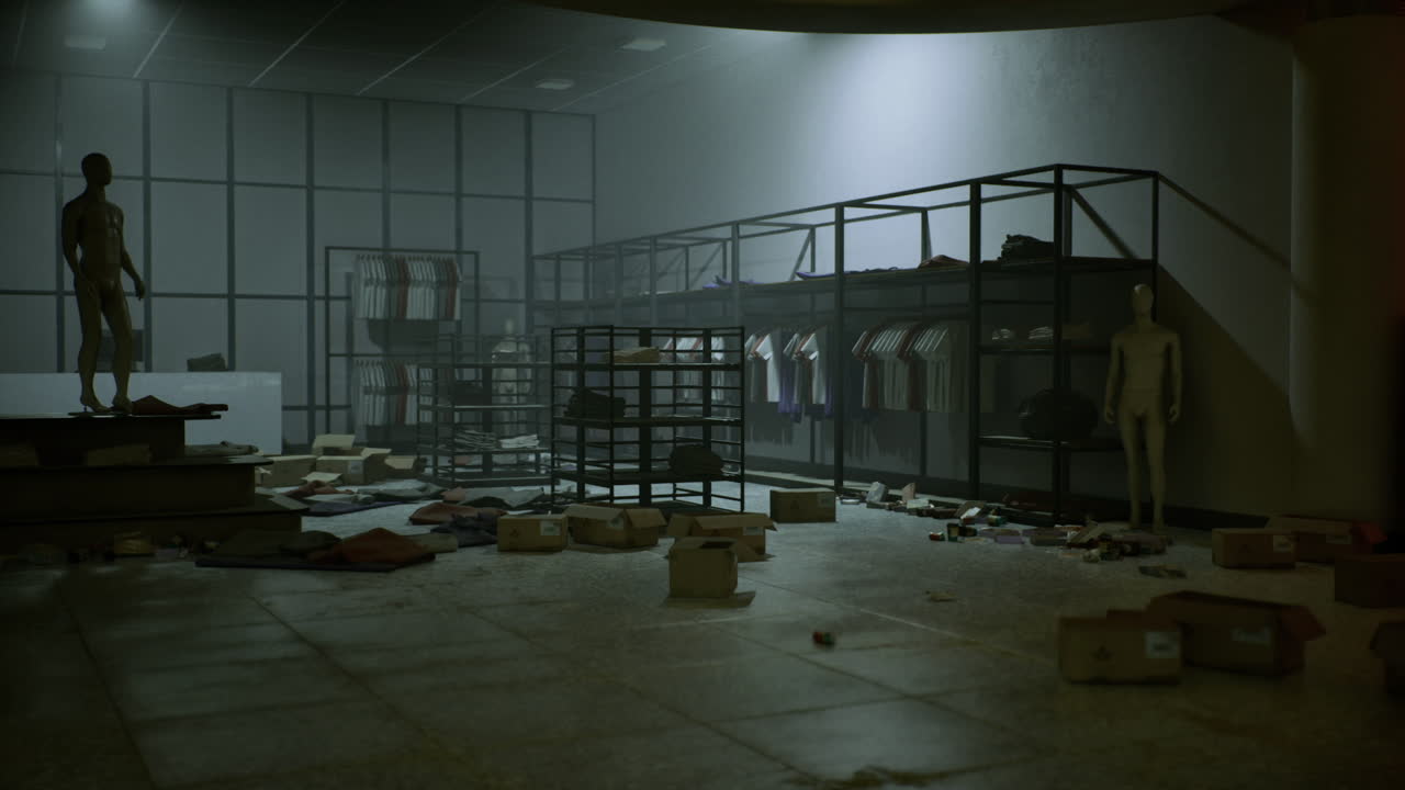 Workers sort belongings amidst dim ambiance and scattered tags