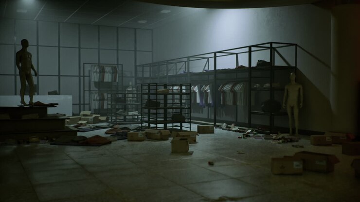 Workers sort belongings amidst dim ambiance and scattered tags