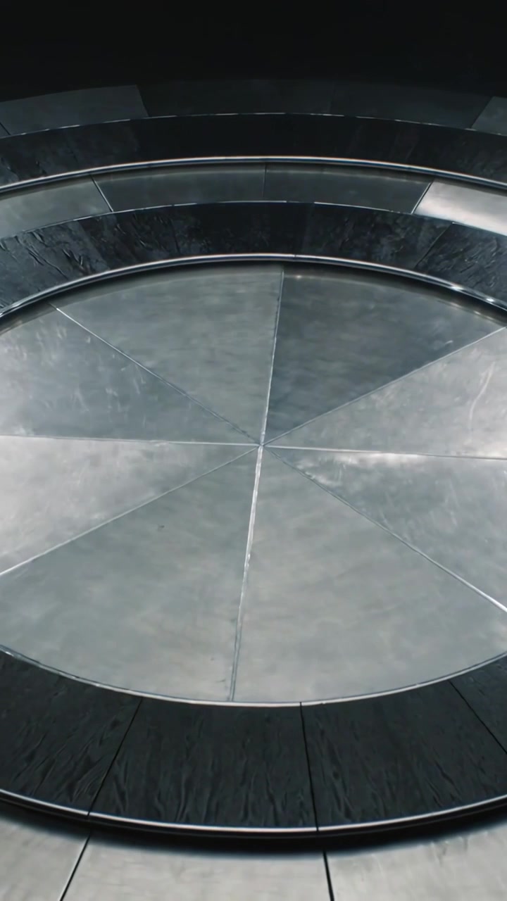 Vertikal video: Vippende kamera viser segmenteret metalskive med ringe i et studie, hvor lys reflekteres