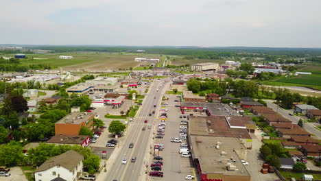 drone flying over the main street of a small town in the countryside