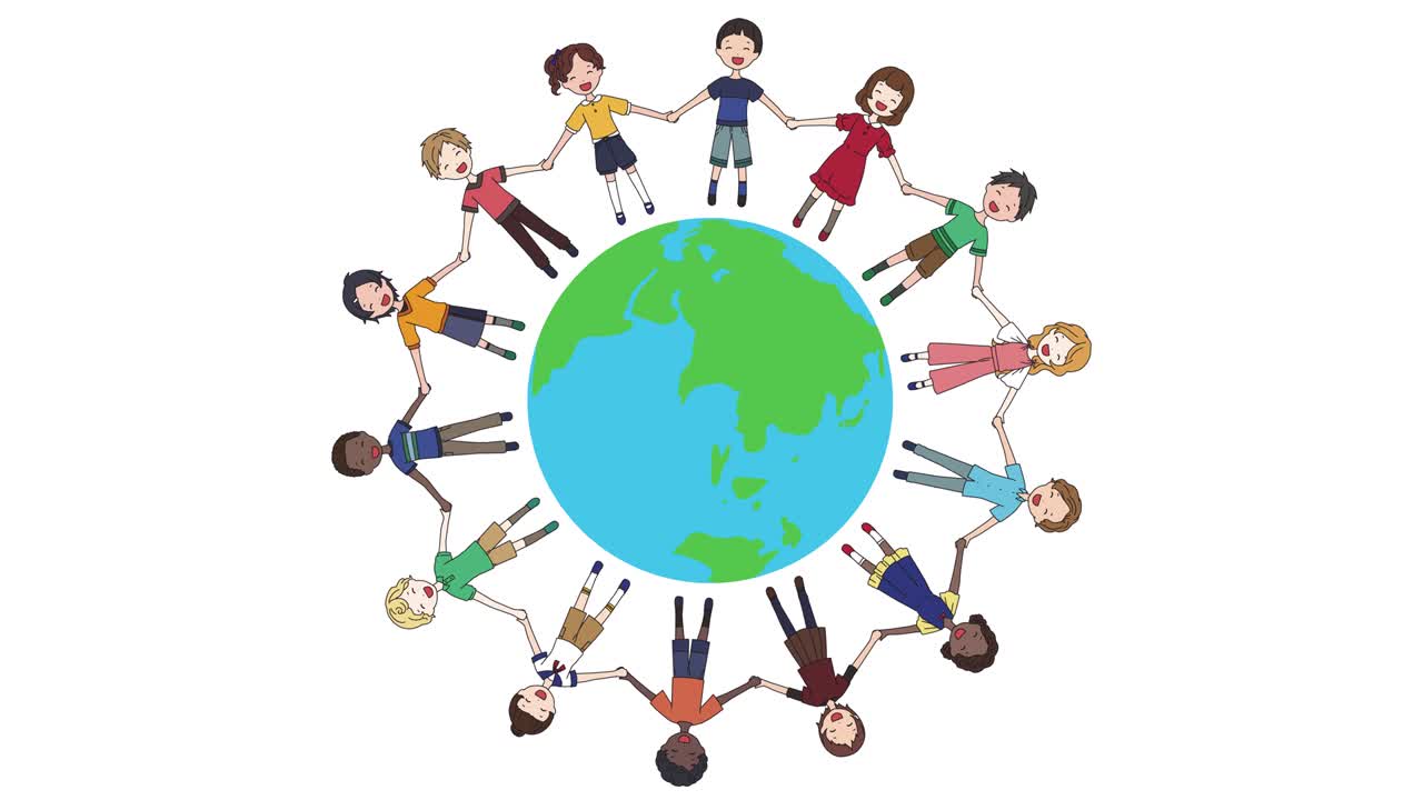 다양한 인종의 아이들이 손을 잡고 지구를 둘러싼 고리를 형성하는 루프 애니메이션 자료