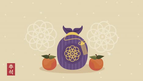 happy chuseok celebration animation with oranges and luck bag