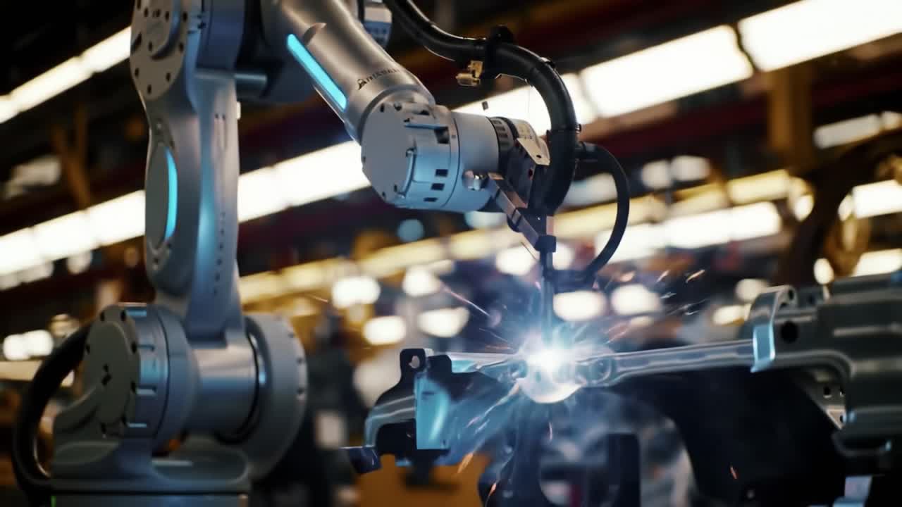 Advanced Robotic Arm Fabricating Automotive Parts with Precision Welding in a Modern Manufacturing Facility Focusing on Efficiency and Automation Processes