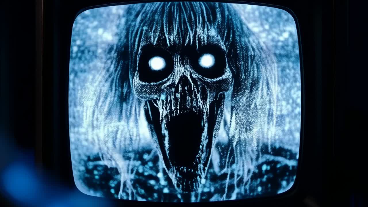 Un vecchio televisore CRT che si trasforma in un'apparizione di un teschio a partire da rumore statico in una stanza buia, mostrando scanline e una luce blu