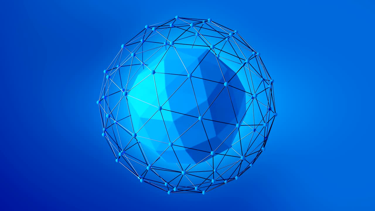 Creative crystal sphere figure with thin metallic pipes on the blue background. 3D loop animation with alpha matte.