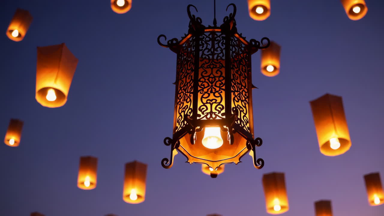 Sky Lanterns and Hanging Lantern at Night