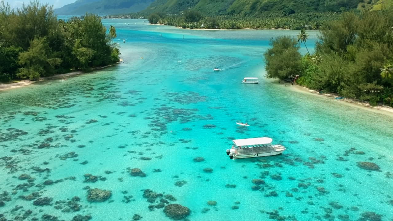 vista aérea de la laguna de moorea con las montañas al fondo, moorea, polinesia francesa.
