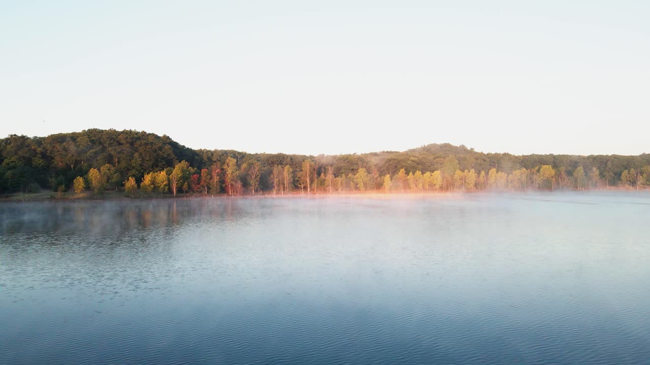 추운 아침에 나무와 잔잔한 물 위에 튀는 따뜻한 색상