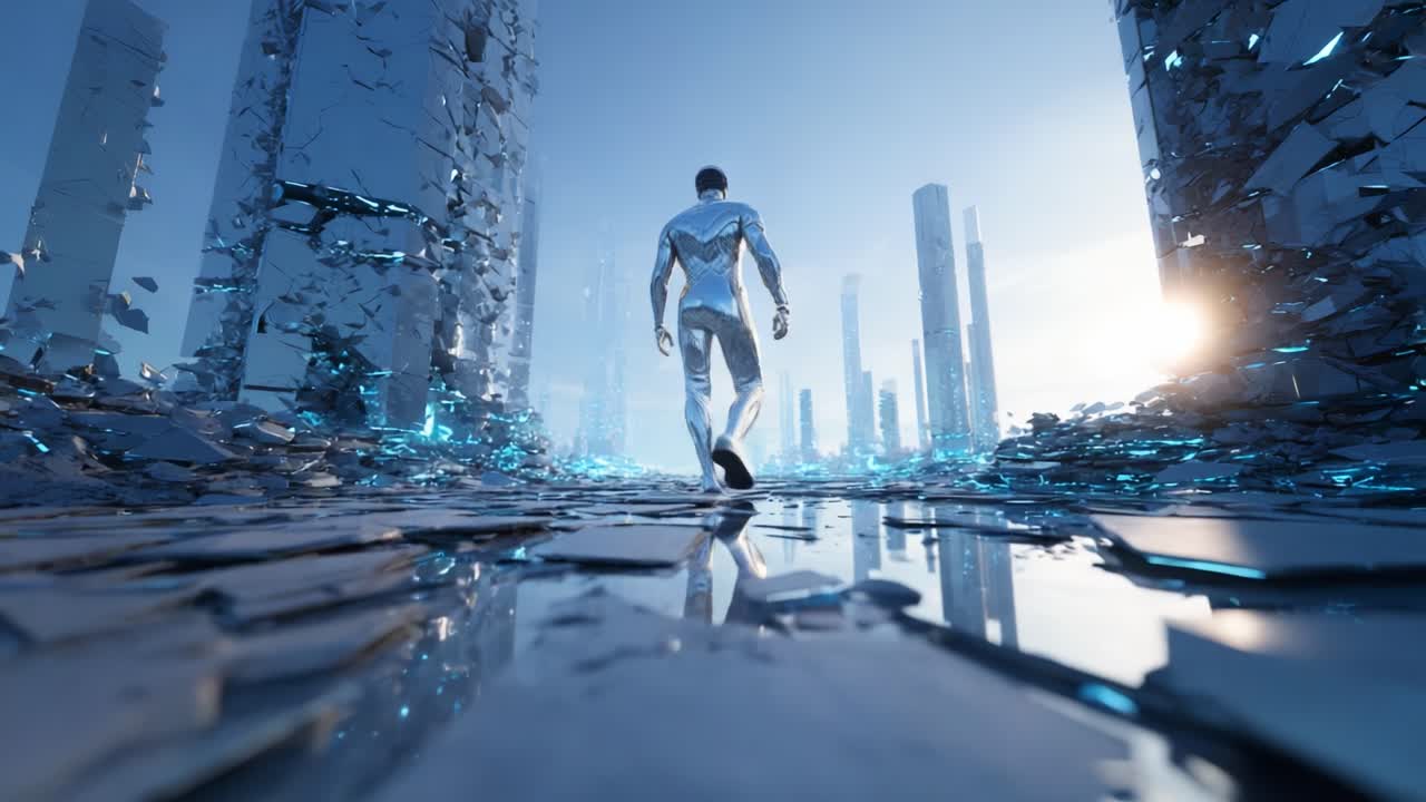 A futuristic cityscape with a man walking towards the horizon