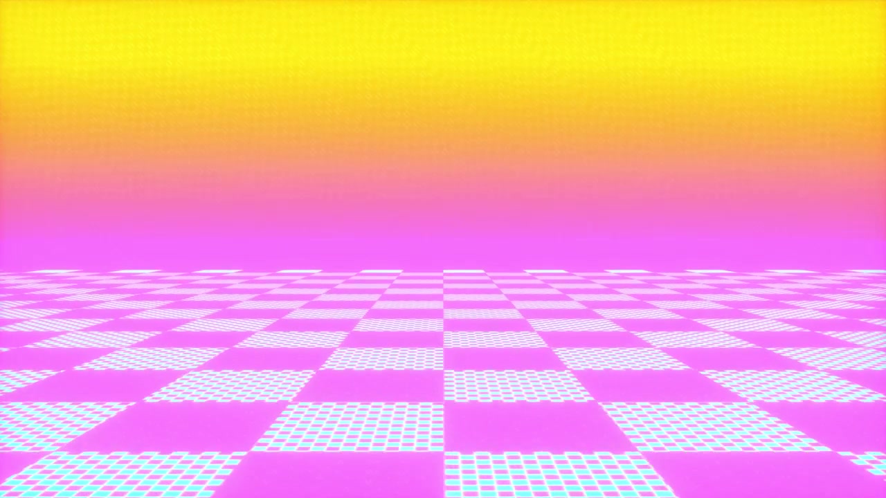 Cielo giallo vaporwave con animazione di pavimento a scacchi rosa magenta, sfondo retrò vibrante e ripetibile.