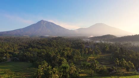 Dramatic-aerial-view-of-rice-terraces-and-palm-trees-and-a-beautiful-mountain-range-surrounded-by-clouds-during-sunrise-on-the-background