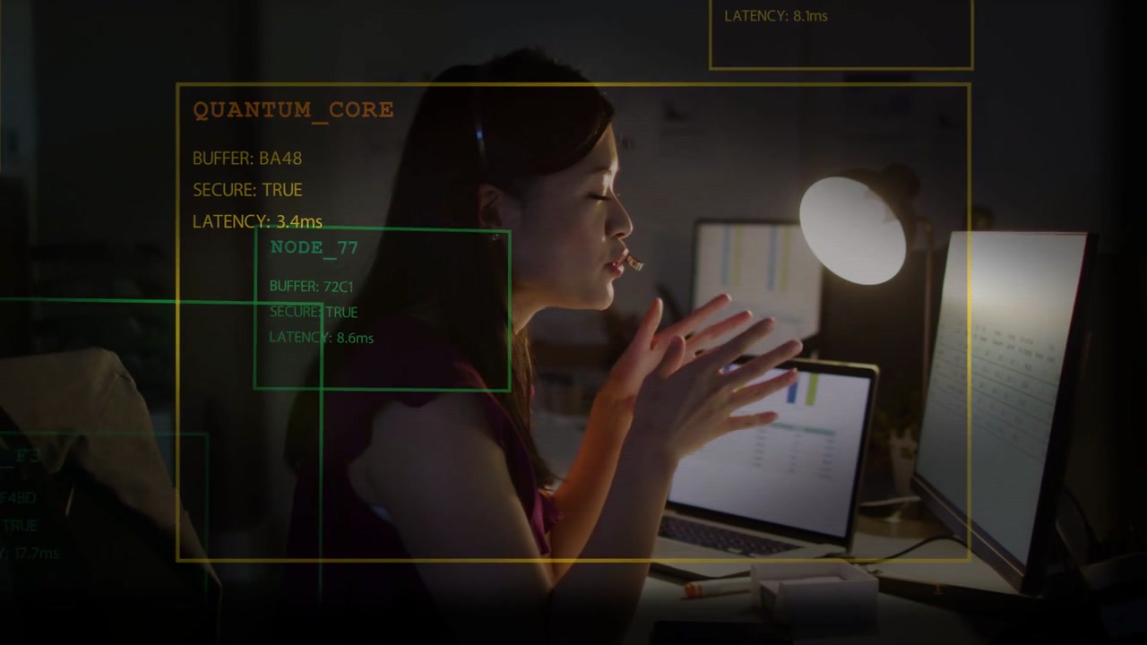 Woman analyst on data update, leaning to monitor, showing node status, tech HUD tracking gestures