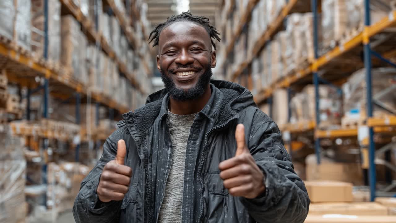 A Joyful Worker in a Warehouse Setting Showing Thumbs Up in Celebration of Efficiency and Team Spirit Surrounded by Stacks of Boxes and Product Shelves