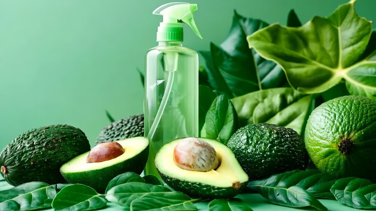 아보카도 오일 한 병 이 아보카도의 한 어리  에 있다