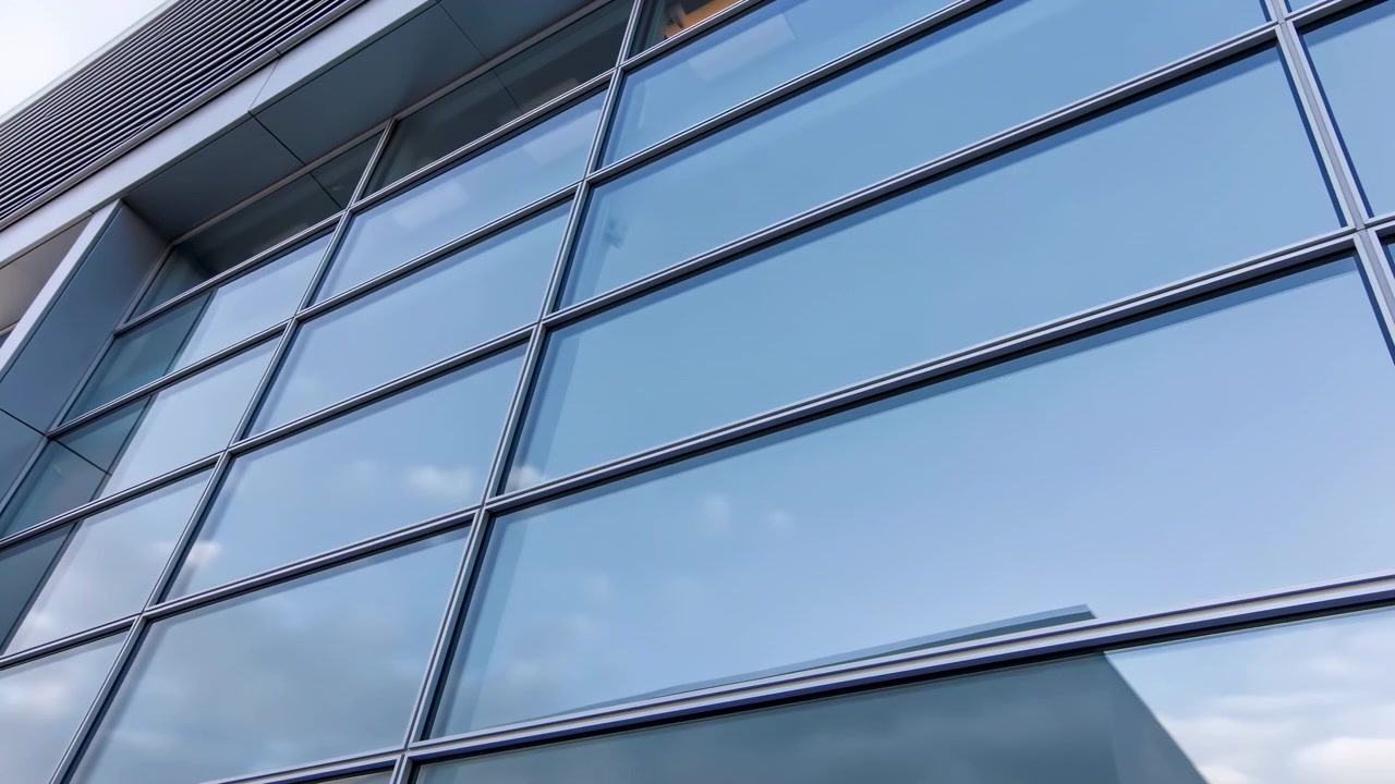 Vista exterior de un muro cortina de un edificio de oficinas contemporáneo con grandes paneles de vidrio, delgados montantes metálicos, sutiles cambios de reflejo y una luz interior brillante que revela un diseño urbano elegante.