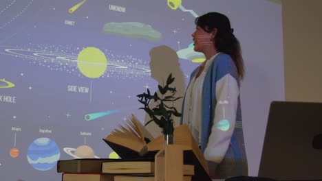 female teacher giving astronomy lesson in school standing at the front of class with projection of the solar system