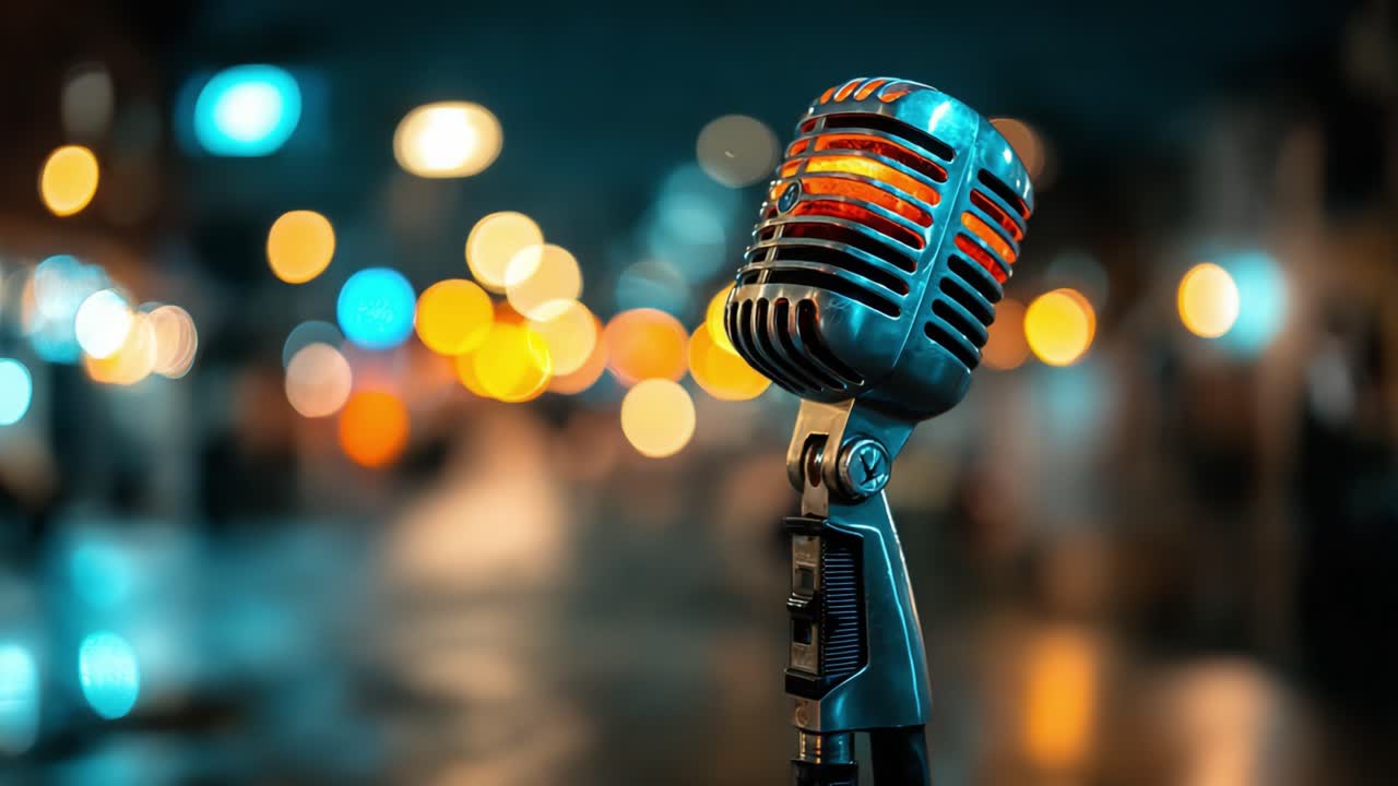 A Vintage Microphone Captured in a Dimly Lit Environment, Highlighting the Retro Design and Urban Ambiance in a Nighttime Setting