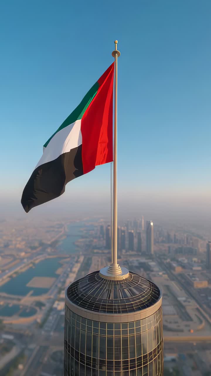 Vertical video: Fluttering UAE flag, breeze lifting fabric above glass dome and flagpole, skyline