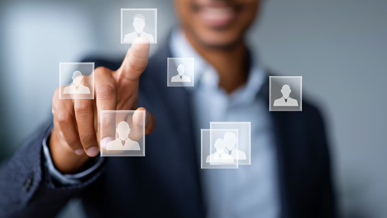 Interacting with virtual profiles. A man interacts with floating profile icons, showcasing digital networking in a modern office environment