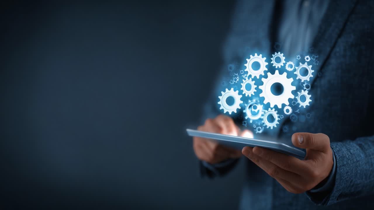 A person interacting with a tablet device, showcasing a collection of floating gears, symbolizing innovation, technology, and the interconnectivity of modern ideas and solutions