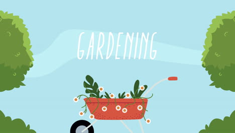 gardening illustration with wheelbarrow and flowers