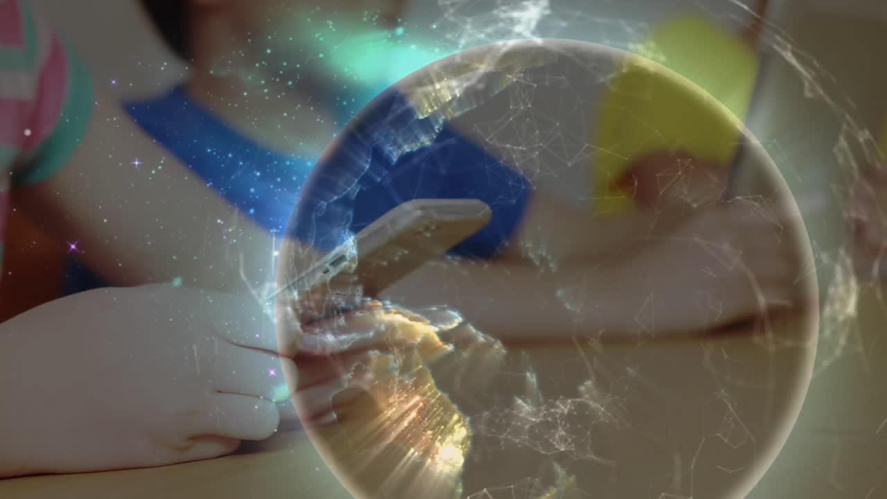 mundo de la red de conexiones contra la niña caucásica que usa teléfonos inteligentes en la escuela primaria