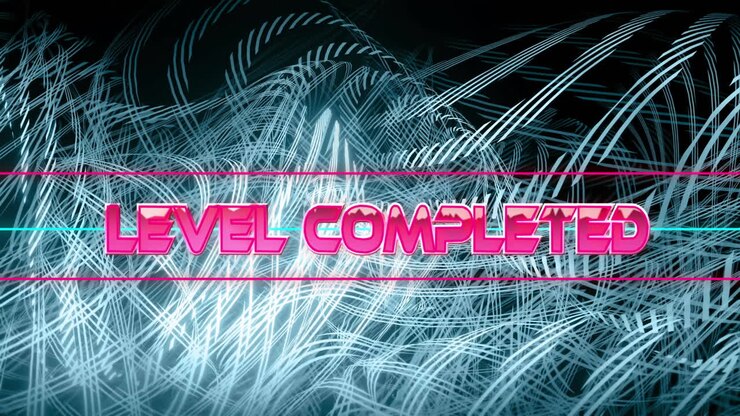 Animation of level completed text over neon pattern background