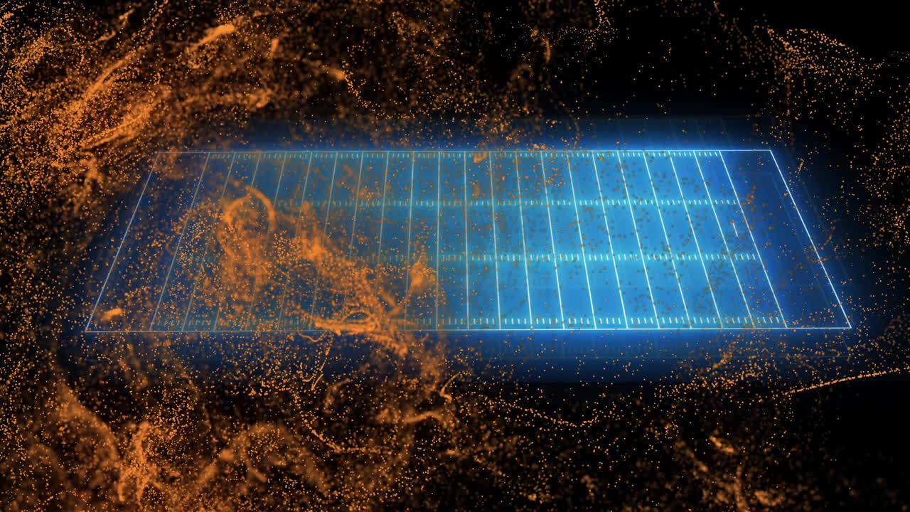 검은색 배경에 금색 빛의 반점 위에 네온 스포츠 필드의 애니메이션