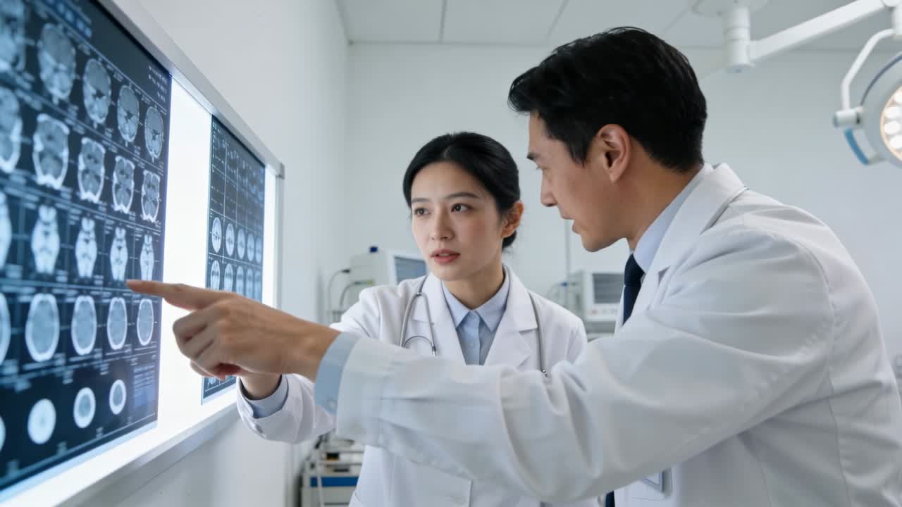 ライトボックスで脳スキャンを診断している男性医師と、白衣を着て聴診器を持ち話している女性医師。