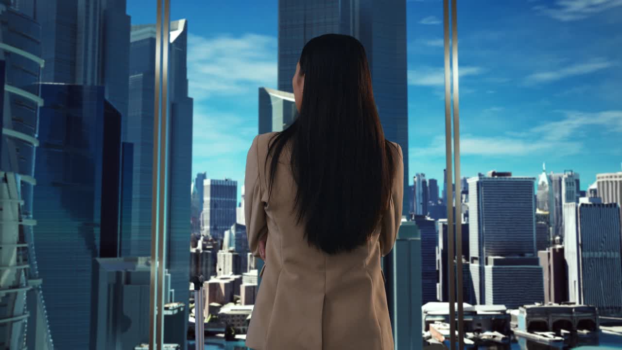 mujer de negocios mirando el horizonte de la ciudad desde una ventana alta