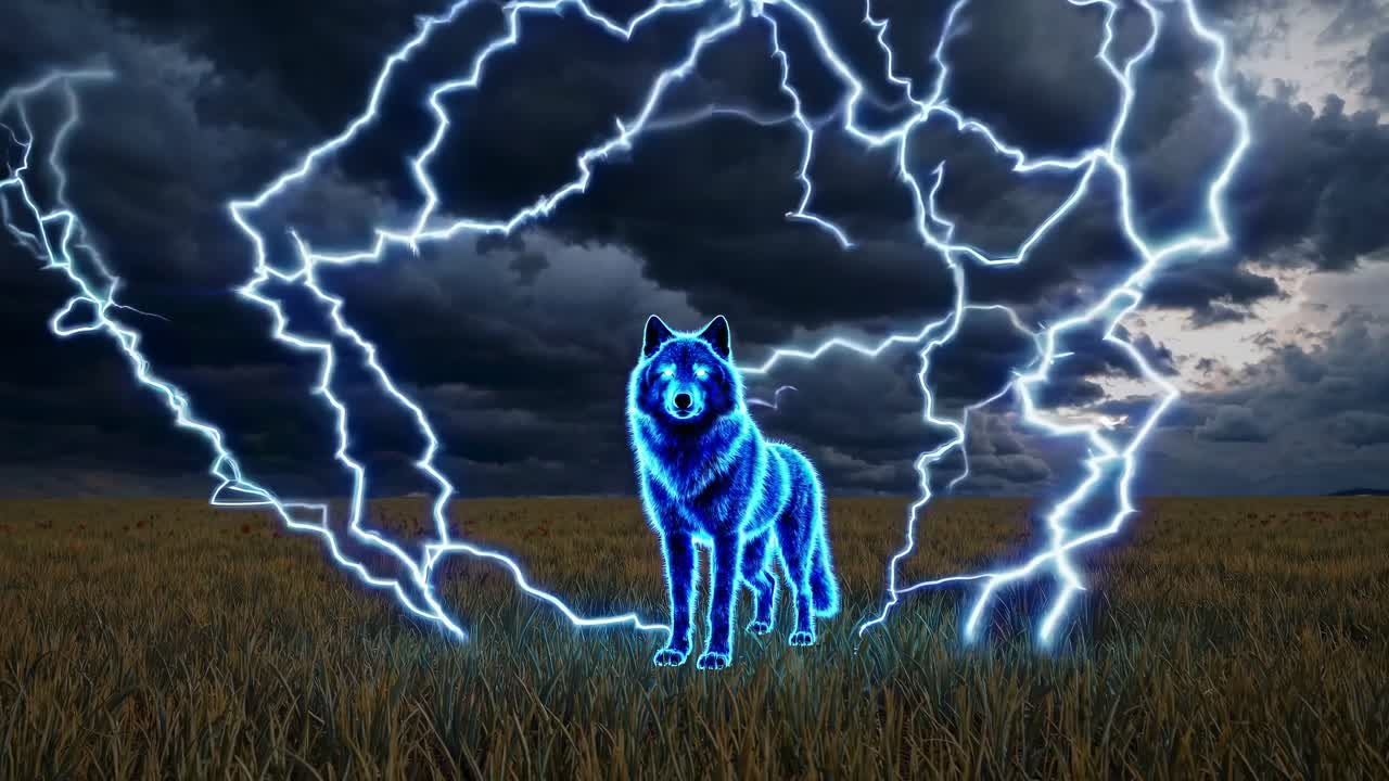 Lupo luminoso in un campo tempestoso.