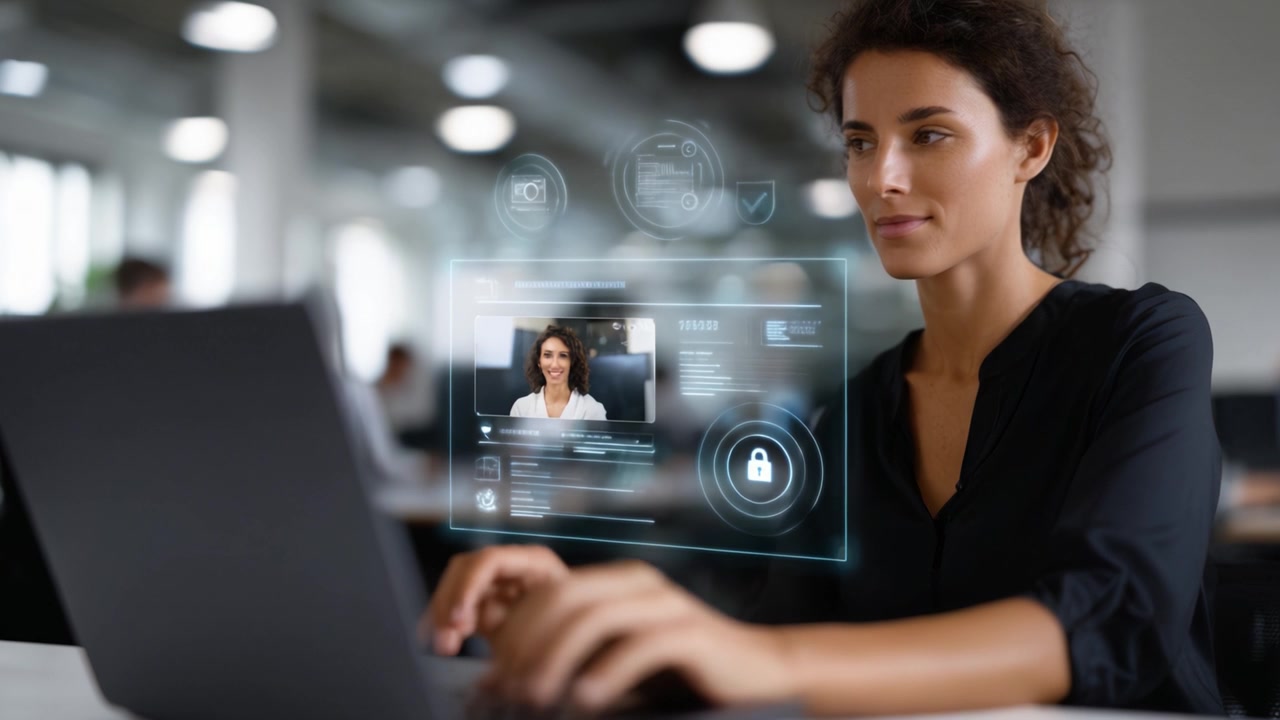 Digital arbejdspladsinnovation: En fokuseret person interagerer med en virtuel grænseflade på en bærbar computer i et moderne kontormiljø.