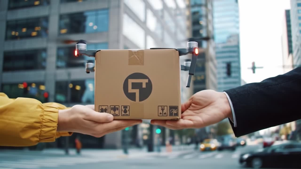 A drone navigates through a bustling city, carrying a package high above the streets. The modern architecture of the buildings showcases innovation as people go about their day below.
