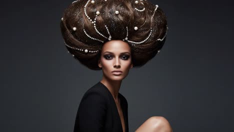 a stunning portrait showcasing an artistic hair design with elegant pearls, exuding sophistication and beauty in a striking fashion atmosphere