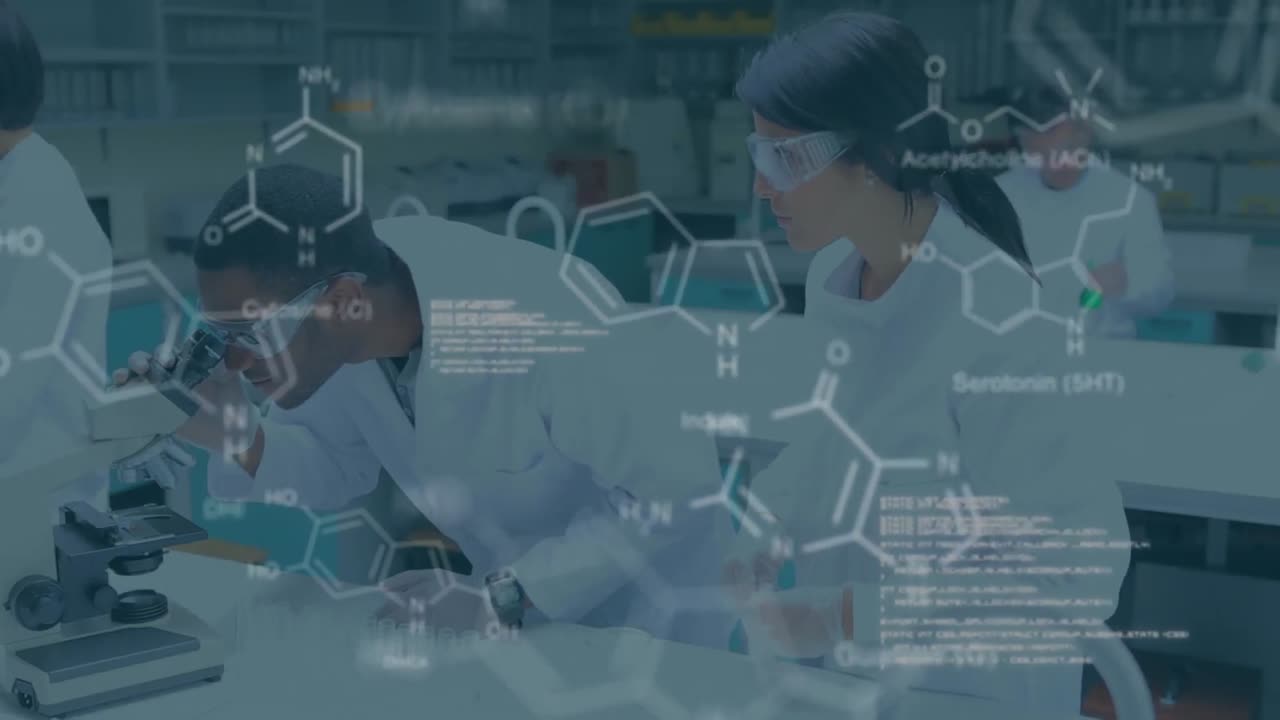 실험실에서 다양한 과학자들에 대한 데이터 처리 및 화학 공식의 애니메이션