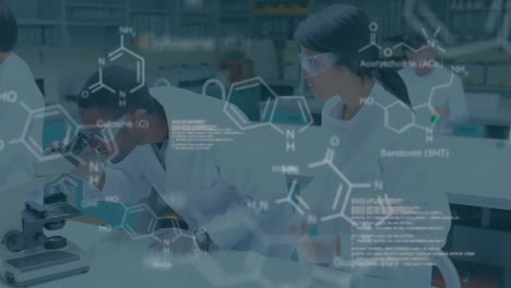 Animation-of-data-processing-and-chemical-formula-over-diverse-scientists-in-lab